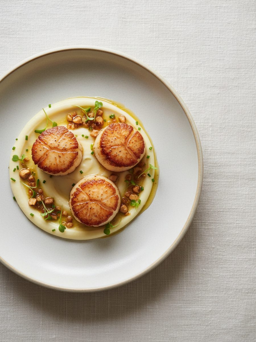 Hokkaido scallop with cauliflower puree, plated