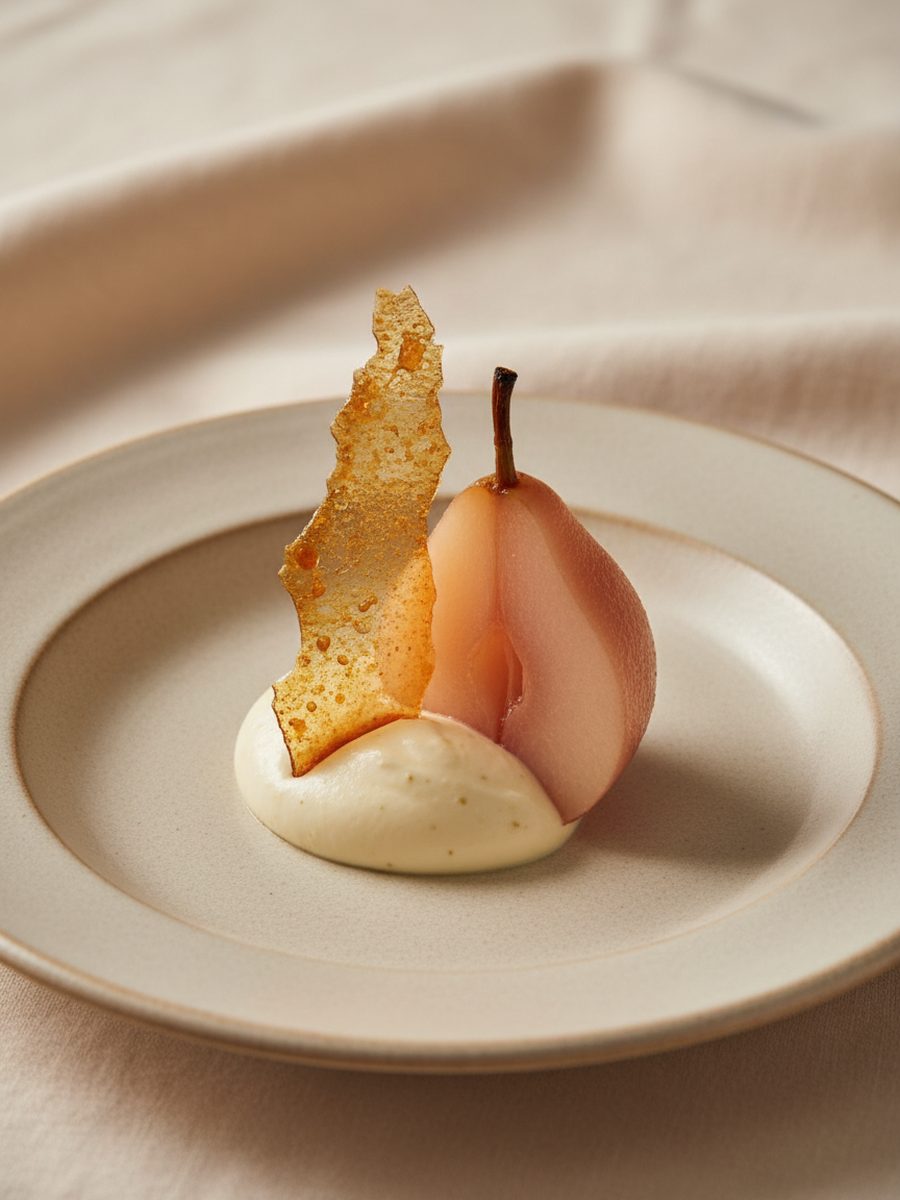 Poached pear dessert with vanilla and caramel tuile