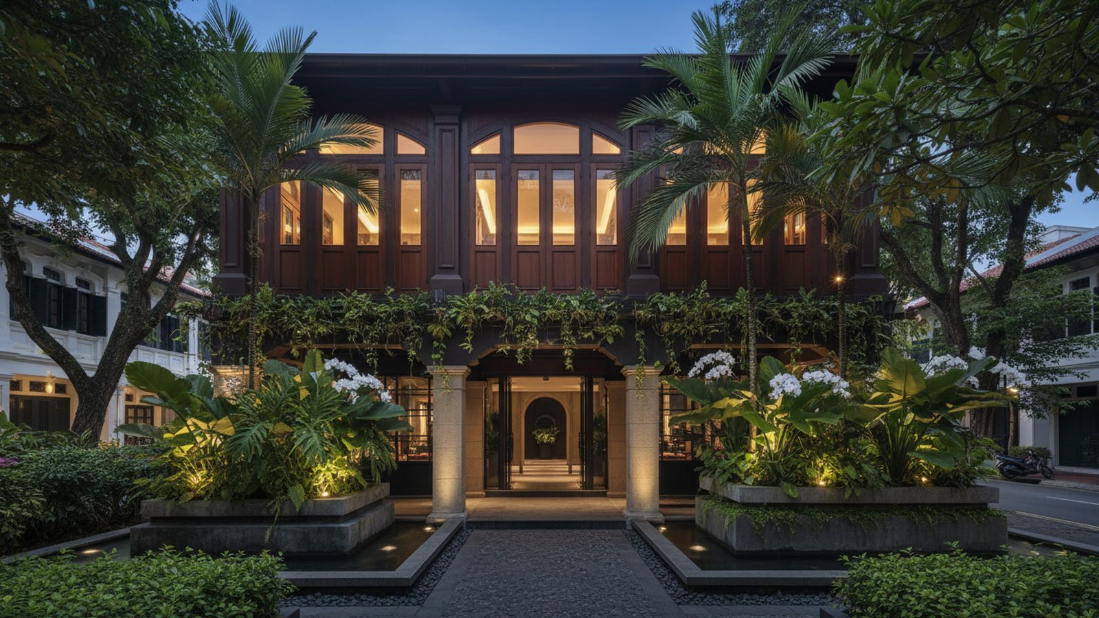 Aurelia's exterior on Dempsey Hill at dusk