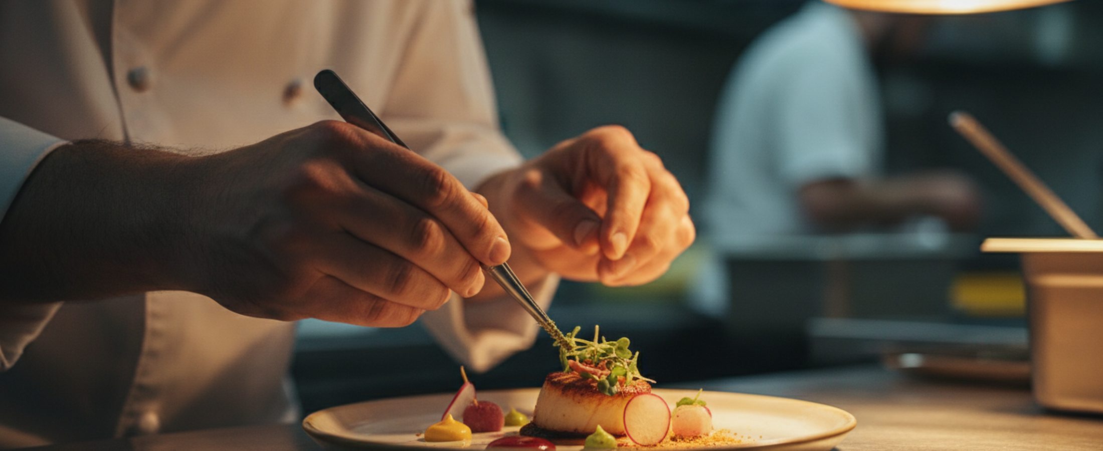 A chef's hands plating a dish with tweezers in the Aurelia kitchen