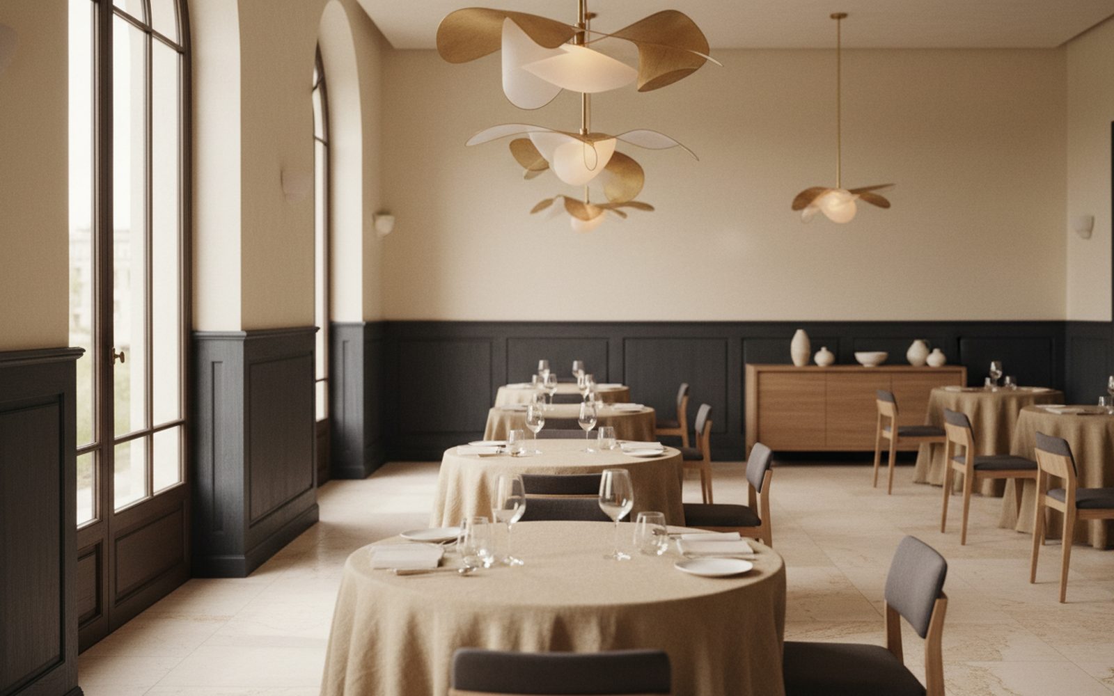 Aurelia's dining room with pendant lighting over intimate tables