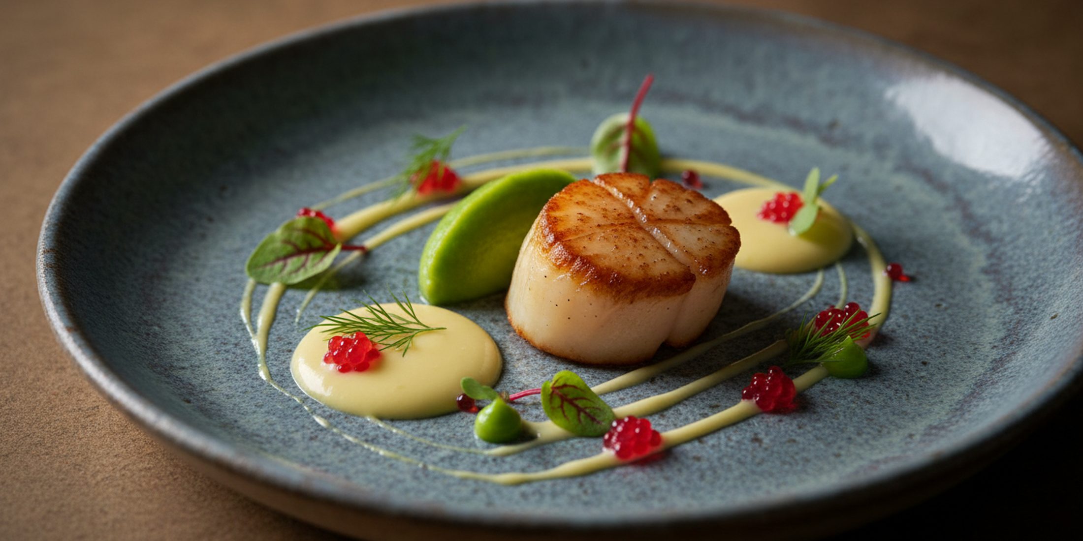 Close up of a seared Hokkaido scallop with cauliflower puree and dill oil, plated for fine dining