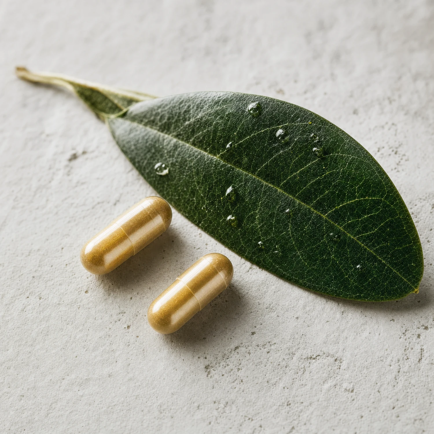 Golden capsules beside a textured green leaf with droplets of water