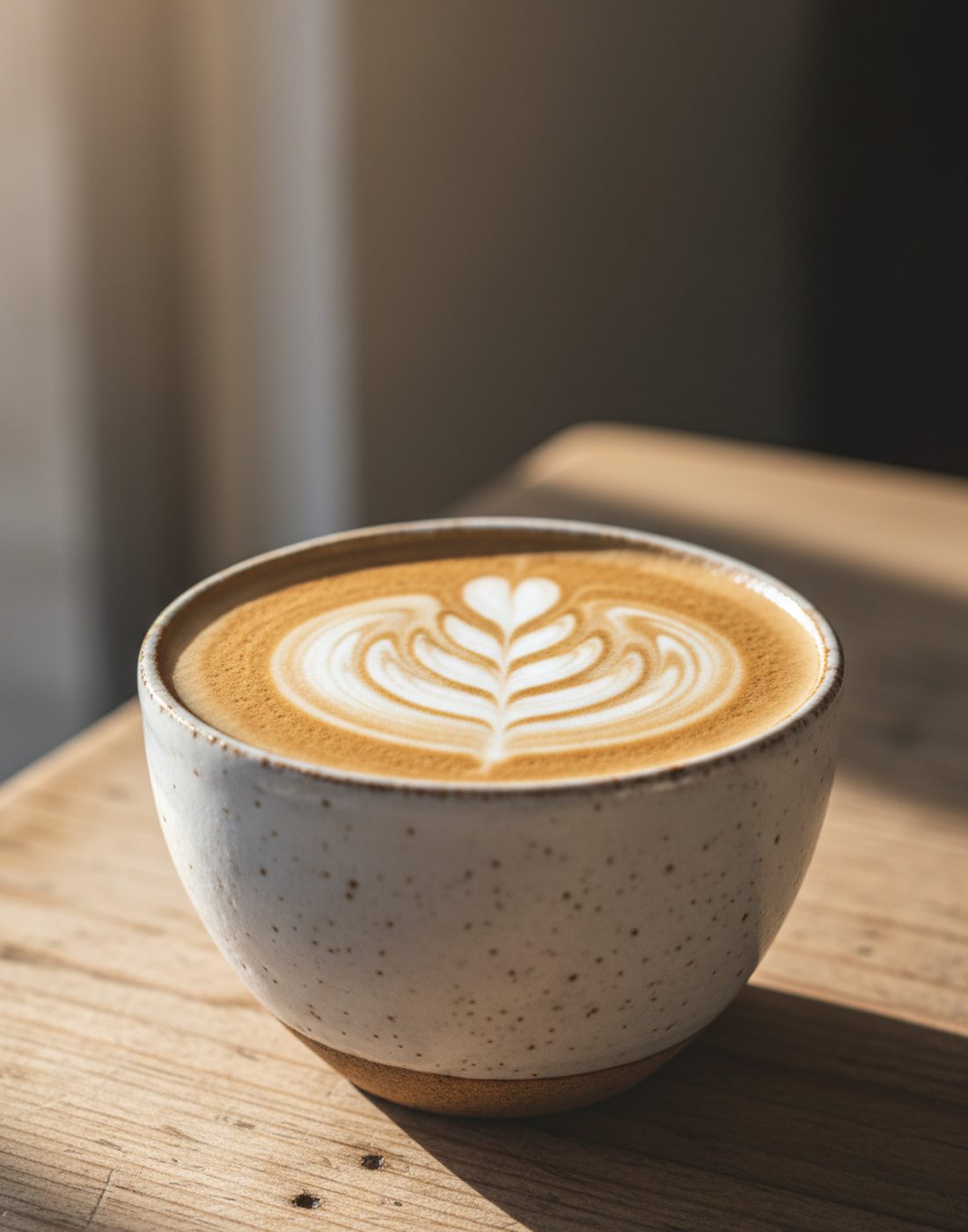 A flat white with detailed latte art, viewed from above