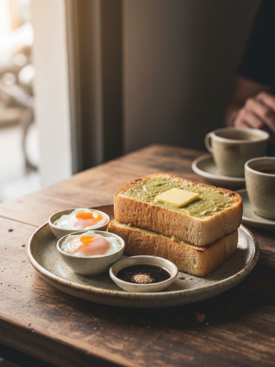 Kaya butter toast served with two soft boiled eggs and dark soy sauce