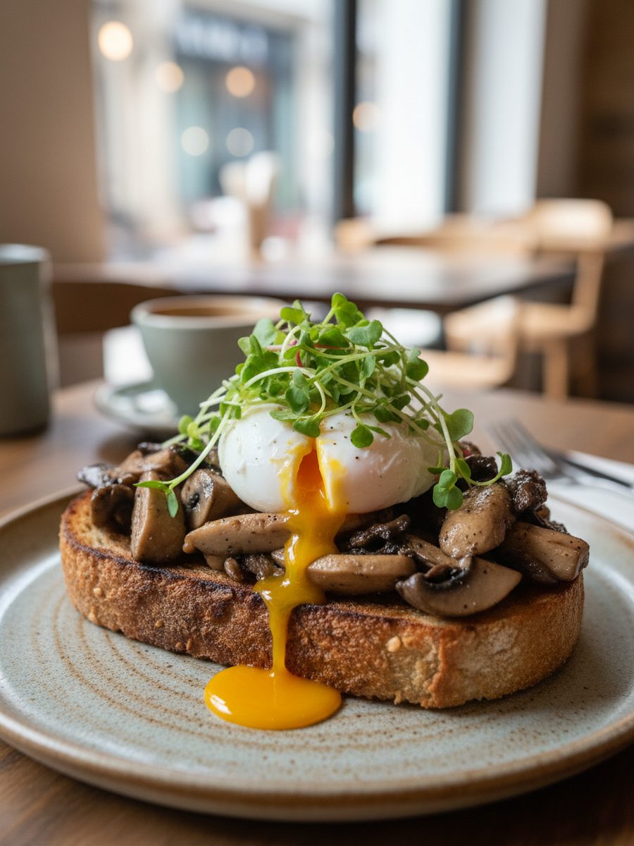 Mushroom sourdough topped with a poached egg