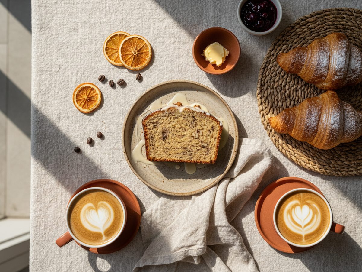 Overhead flat lay of an all day brunch spread with coffee, toast and eggs