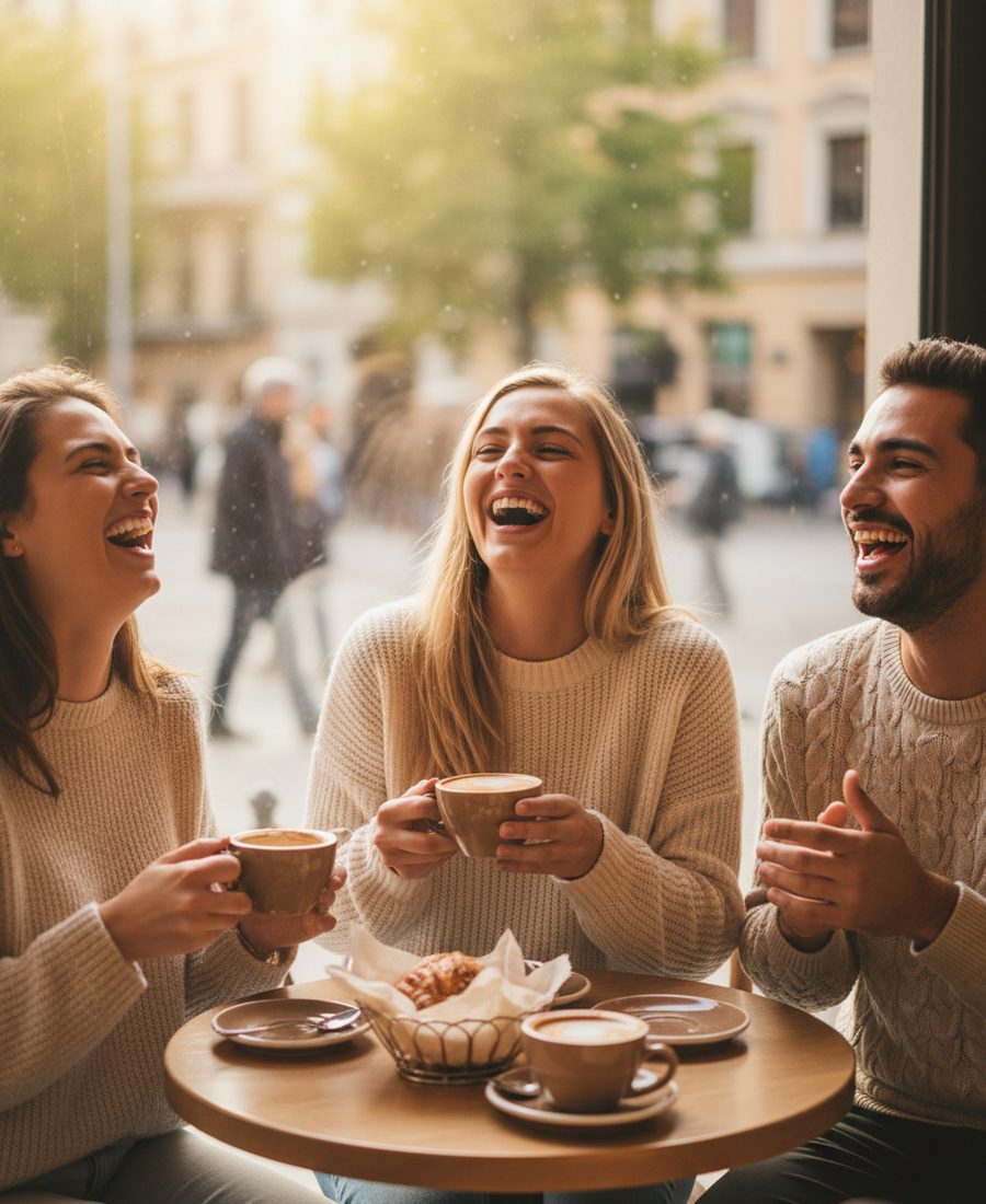 Friends laughing together over coffee at a window table