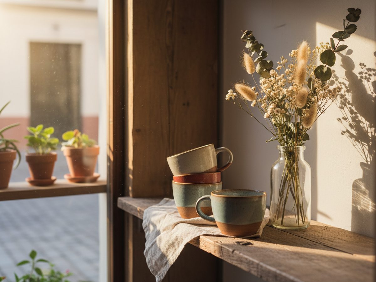 A still life of stacked cups and dried flowers on the cafe counter