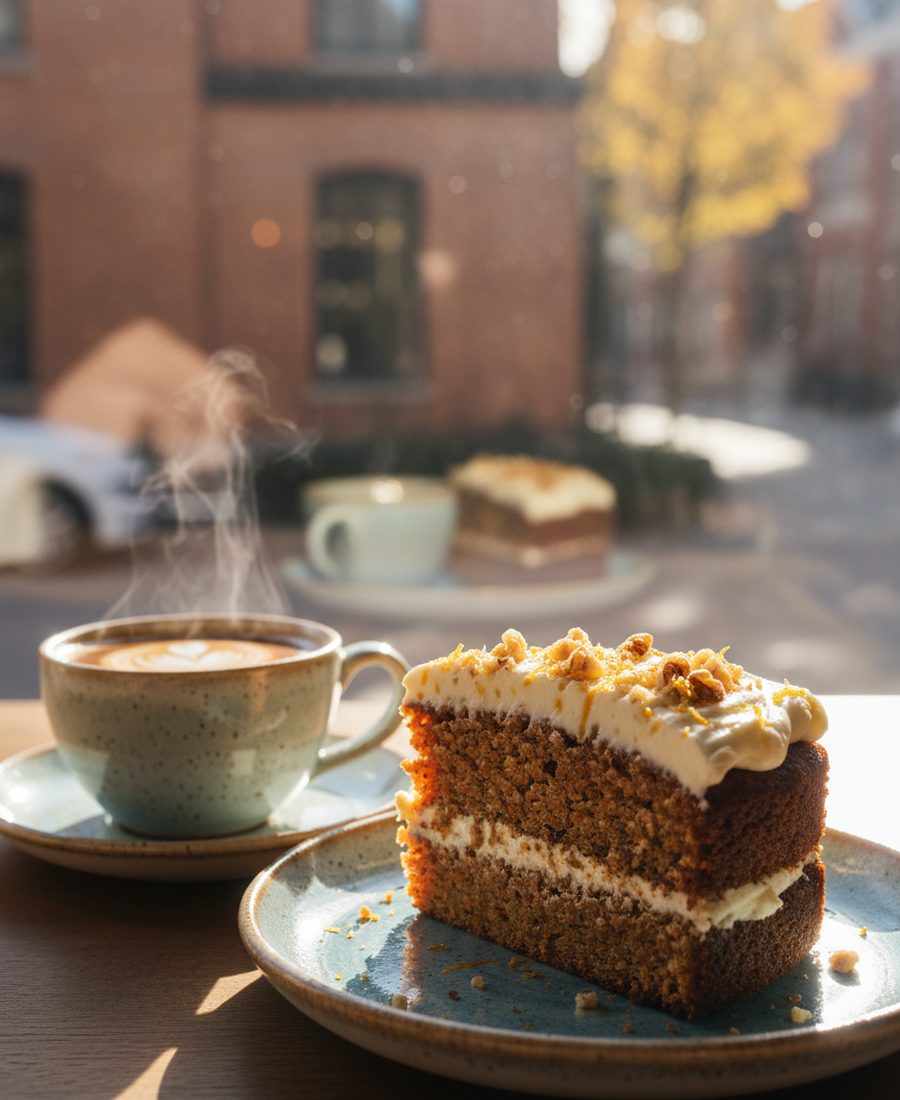 A slice of carrot cake served alongside a cup of coffee