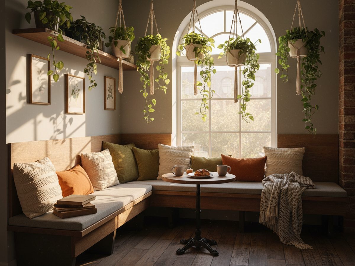 A cosy corner of the cafe with potted plants and soft seating