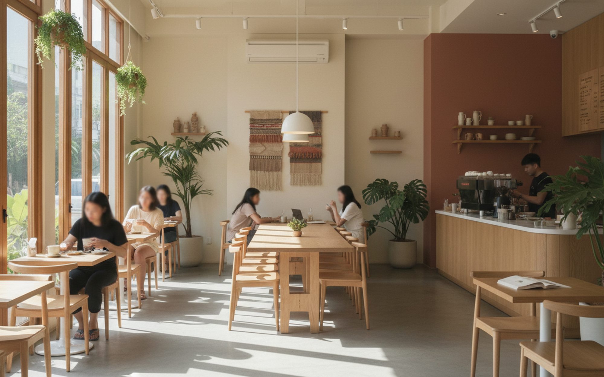 Warm morning light inside Kopi & Crumbs, with guests chatting out of focus at wooden tables
