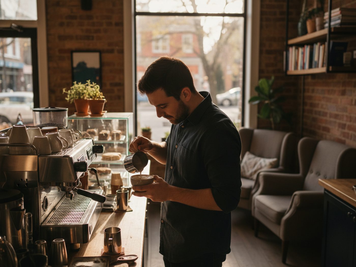A barista pouring latte art behind the counter at Kopi & Crumbs