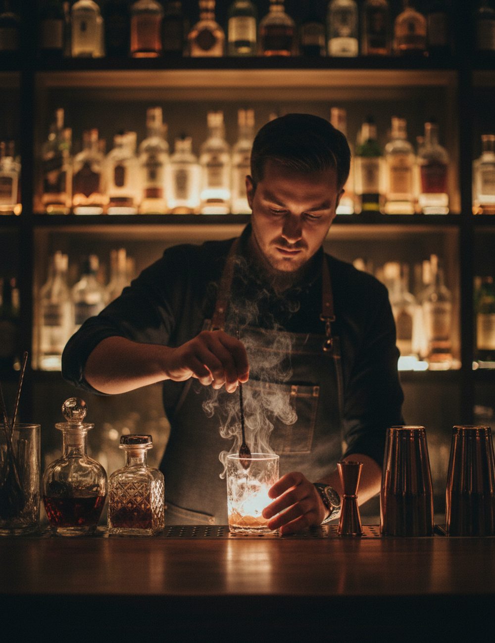 Bartender at Mizu stirring a cocktail, lit by warm rim light
