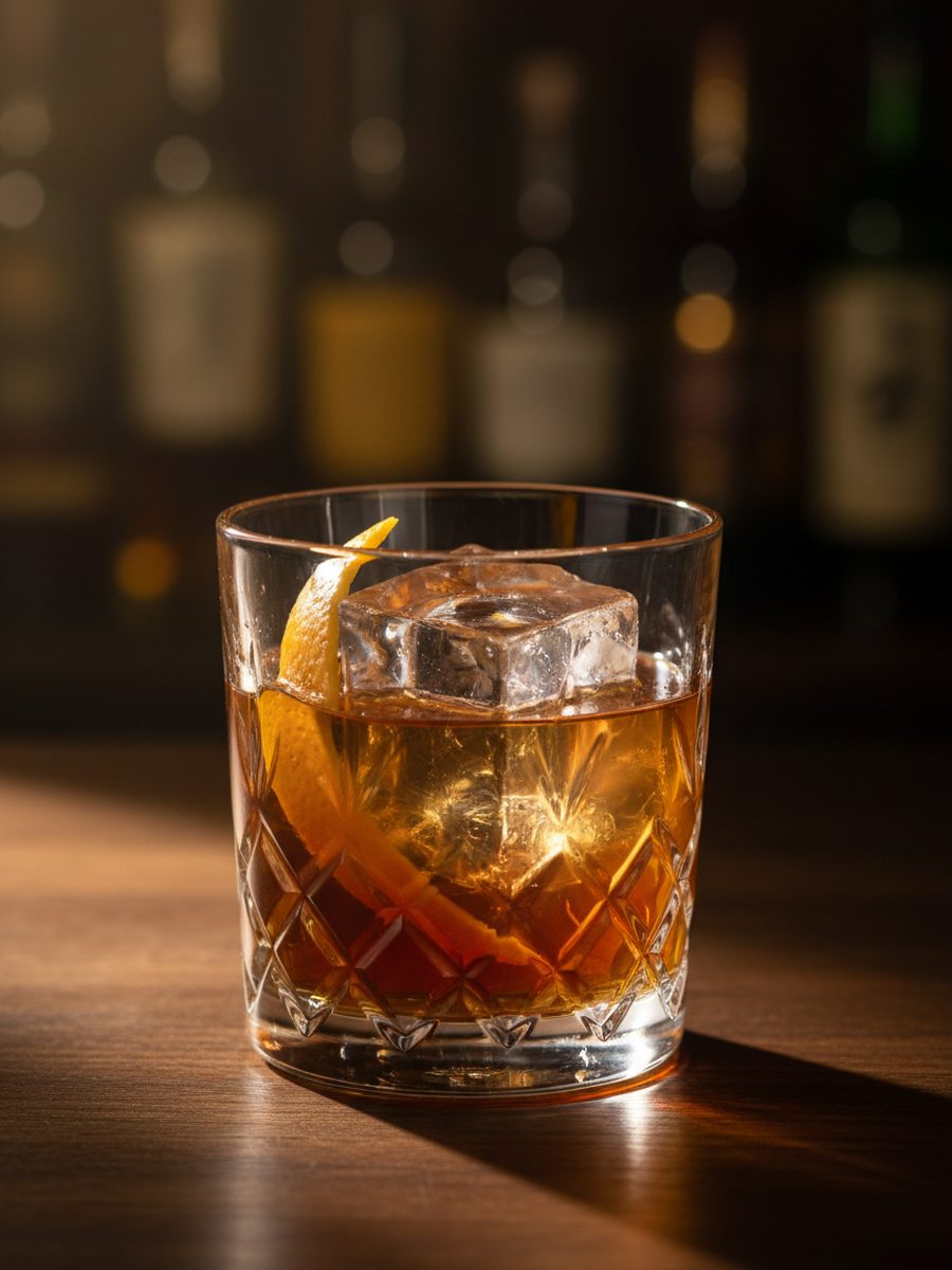 Hinoki Old Fashioned in a crystal glass with a large clear ice cube