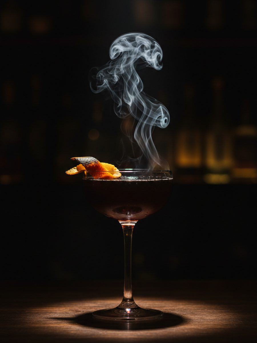 Smoke and Plum cocktail in a smoky coupe glass with a burnt orange garnish