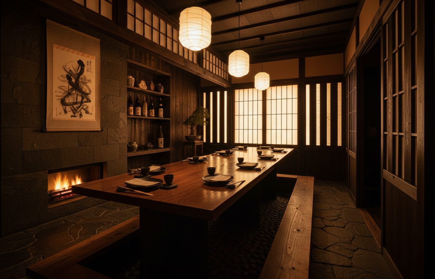 Private dining room at Mizu set with low warm lighting