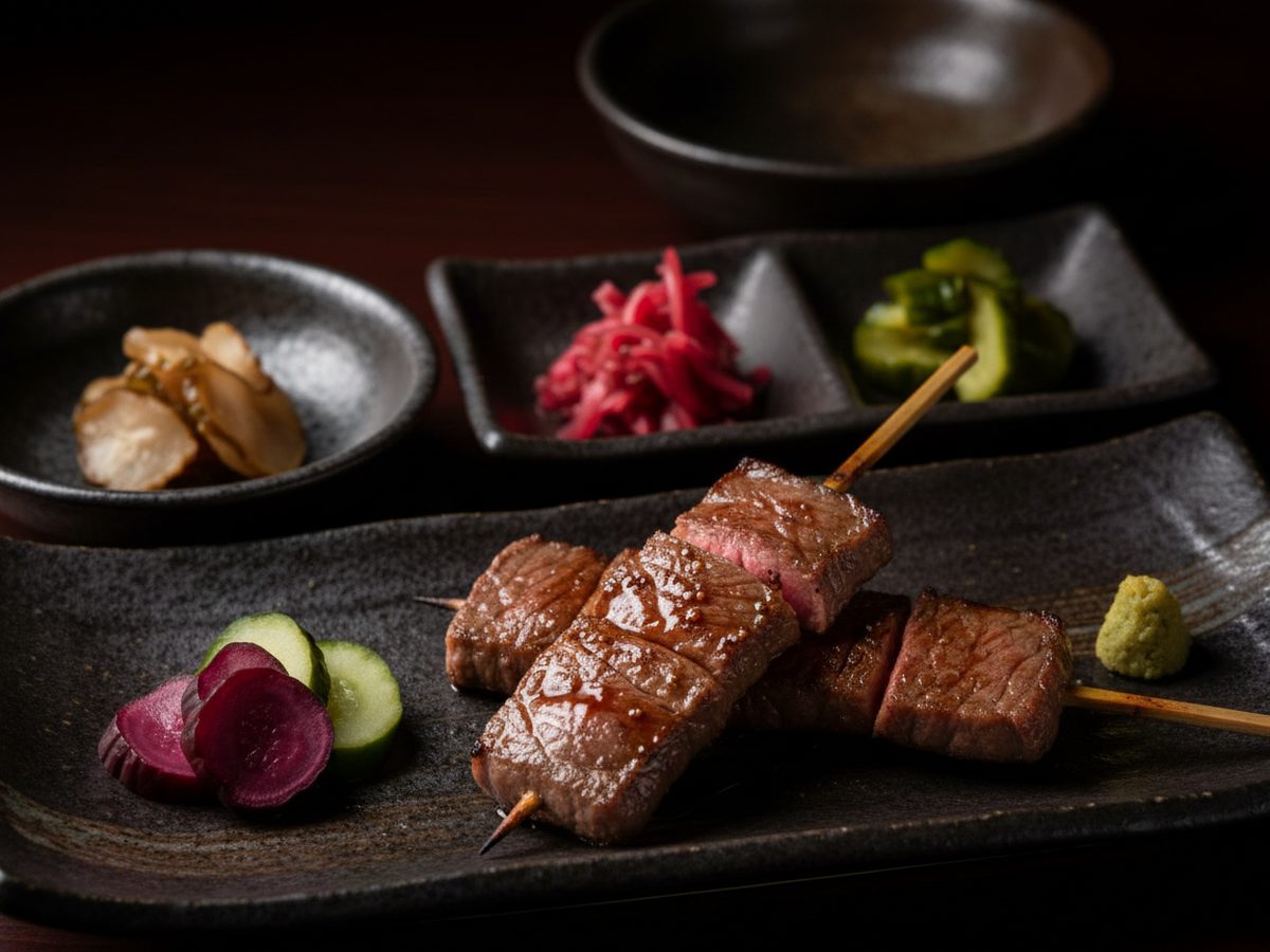 Japanese small plates including wagyu skewers on dark ceramic dishes