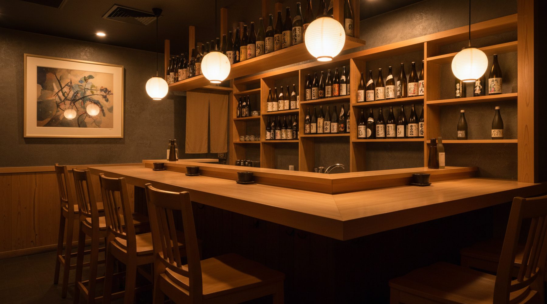 Dark bar interior with blond wood counter seating and low pendant lighting