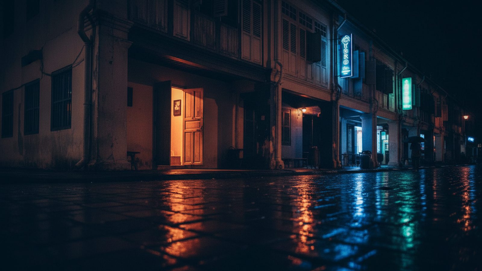 Dark shophouse exterior of Mizu bar entrance at night